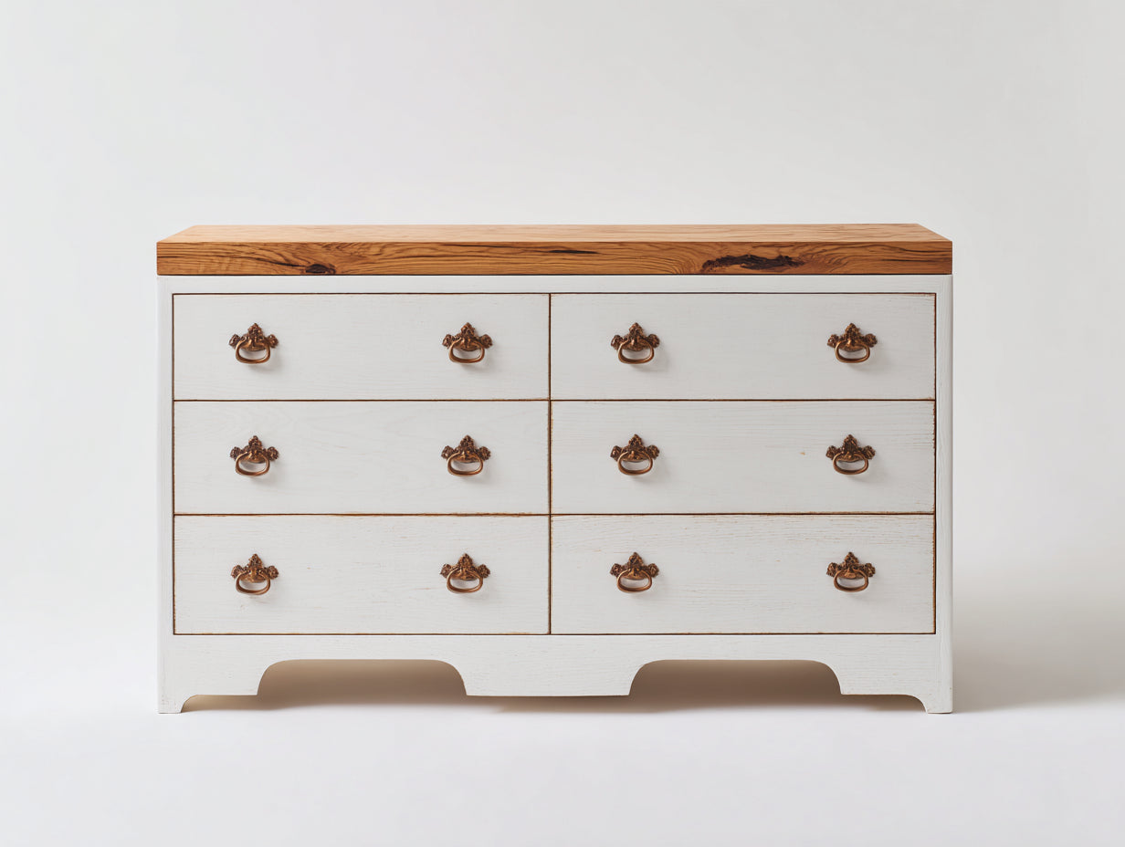 Cassettiera-legno-metallo-132x44x80 cm-bianco anticato-marrone naturale-stile rustico