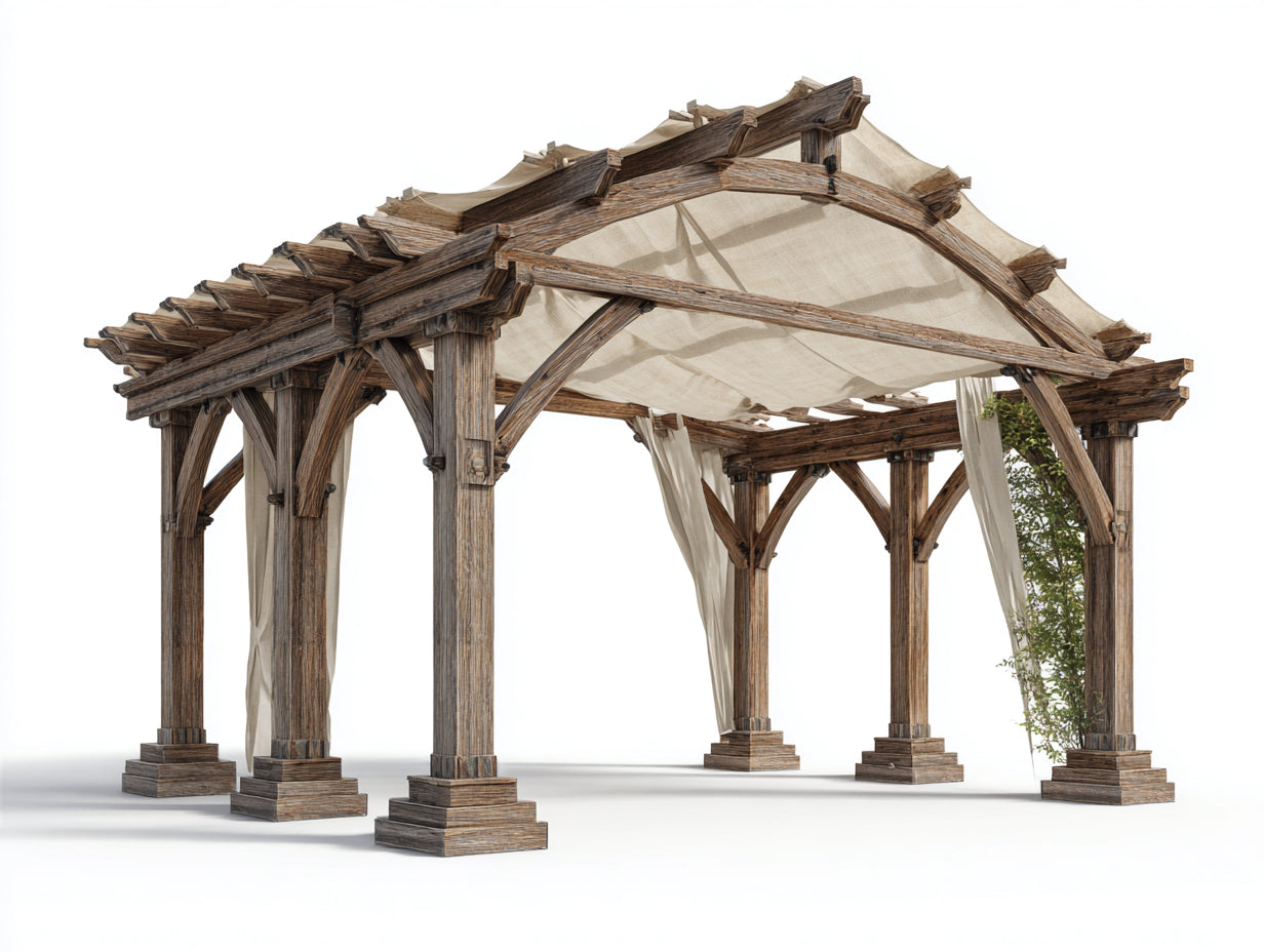 Pergola da giardino - Legno-Tessuto - 430x310x270 cm - Marrone-Beige - Stile rustico con arco decorativo