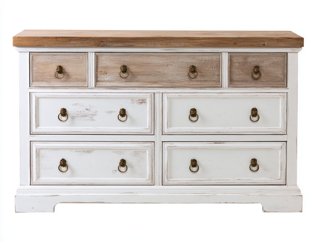 Cassettiera-legno-metallo-142x47x86 cm-bianco anticato-marrone naturale-stile rustico