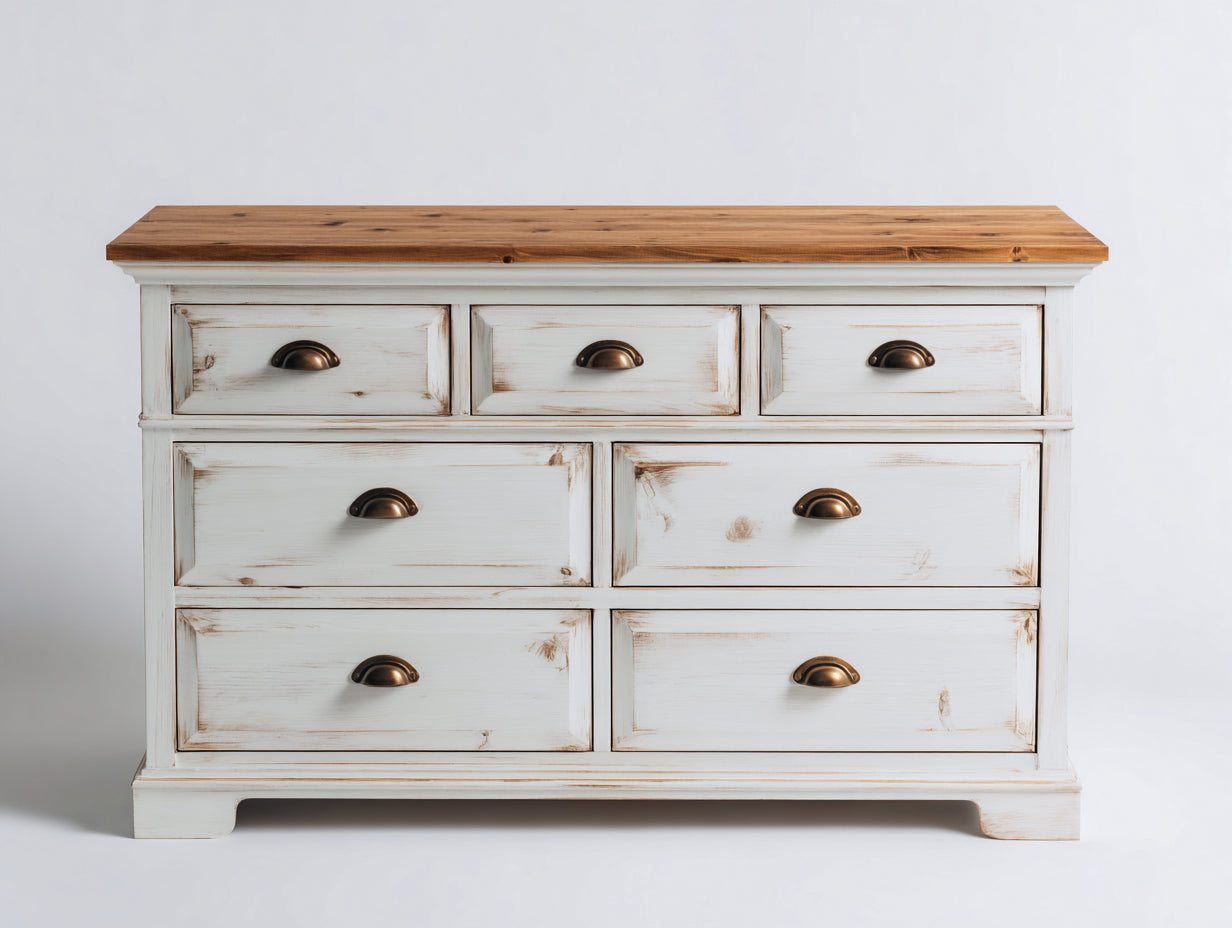 Cassettiera-legno-metallo-138x46x84 cm-bianco anticato-marrone naturale-stile rustico