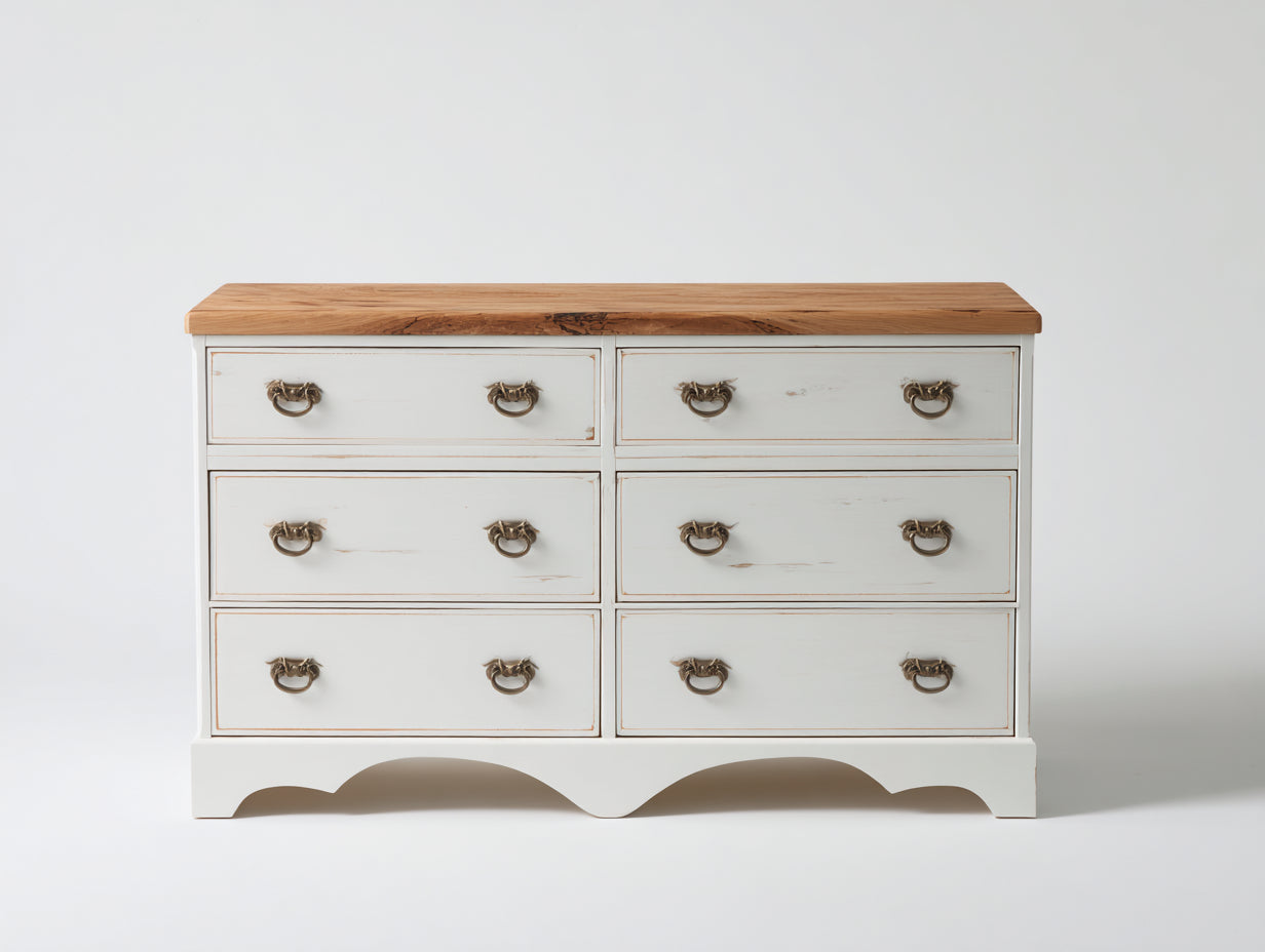 Cassettiera-legno-metallo-128x43x78 cm-bianco anticato-marrone naturale-stile rustico
