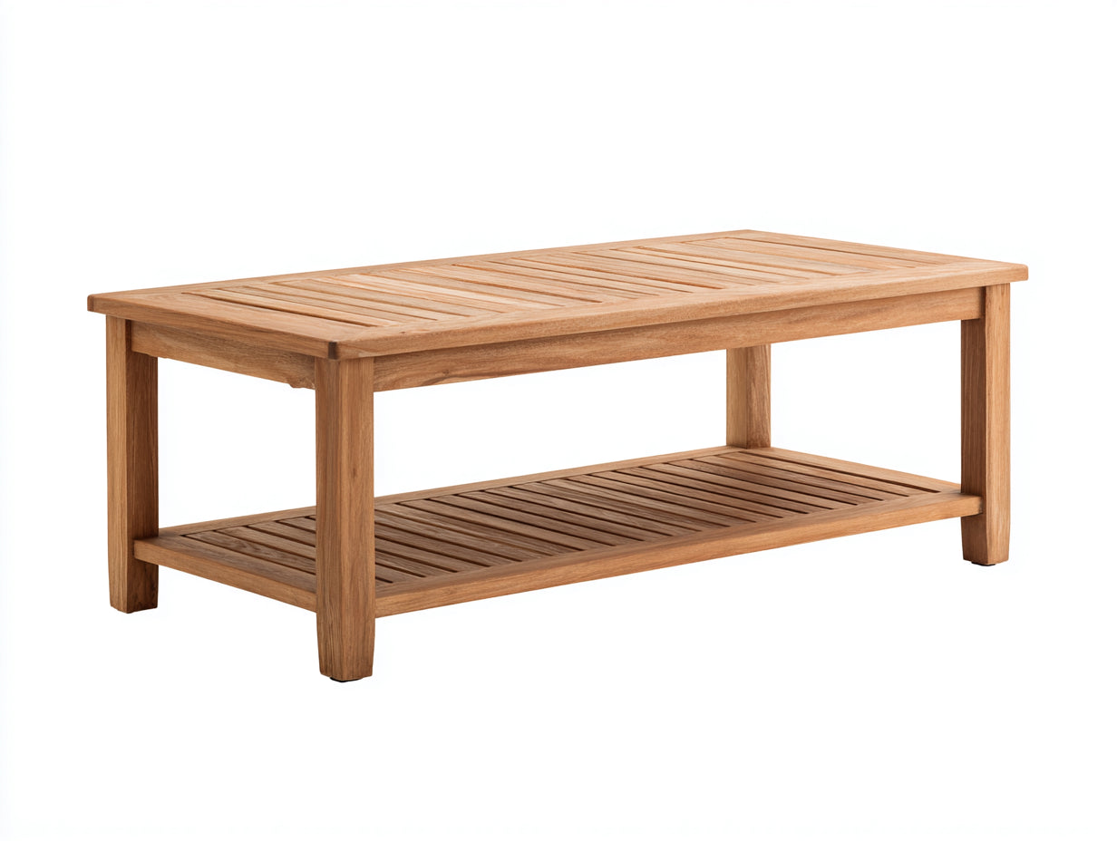 Tavolo da giardino - Legno - 130x65x50 cm - Marrone naturale - Stile moderno a doghe con ripiano