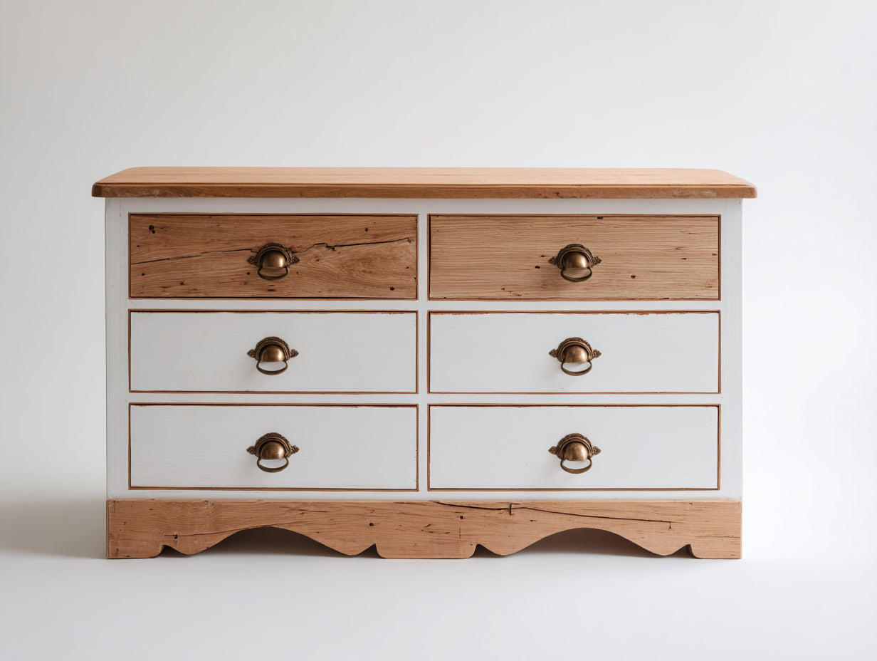 Cassettiera-legno-metallo-136x45x83 cm-bianco anticato-marrone naturale-stile rustico