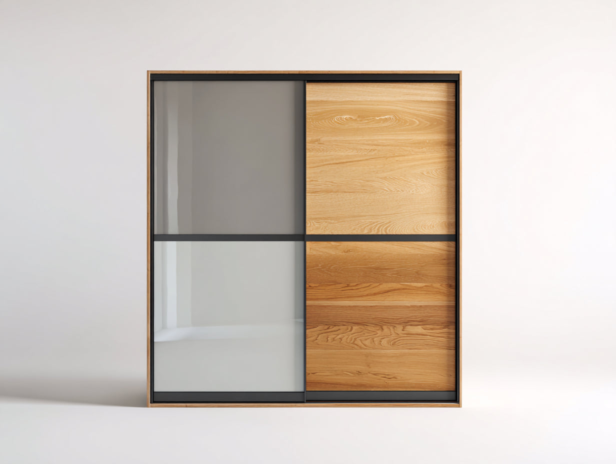 Armadio-Legno-Vetro-Metallo-180x62x210 cm-legno chiaro-nero-moderno